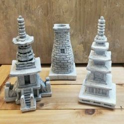 3pc Stone Pagoda Statues Designed For Garden Or Home Decor! Minature Landscape, Fairy Garden, Bonsai Display! (7", 7", & 5.5")