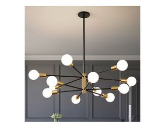 Modern Chandelier Ceiling Light Fixture - 33.4" 12-Light Gold and Black Sputnik Chandeliers, Height Adjustable Industrial Farmhouse Pendant Lighting f