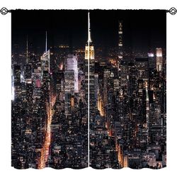 Cityscape Blackout Curtains New York Skyline Modern City Night View Black Art Print for Bedroom Living Room Kitchen Rod Pocket Decoration Window Drape