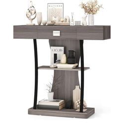 AS IS Newly Assembled Narrow Console Table T-Shaped - Behind Couch Table with Drawer Shelves