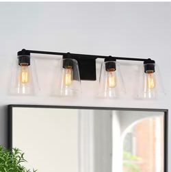 Uolfin Modern Bell Bathroom vanity Light Firefly 29 in. 4-Light Matte Black Cylinder Wall Sconce Light with Clear Glass Shade
