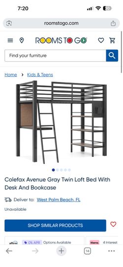 Colefax Avenue Gray Twin Loft Bed With Desk And Bookcase in good condition from Rooms To Go with mattress unused
