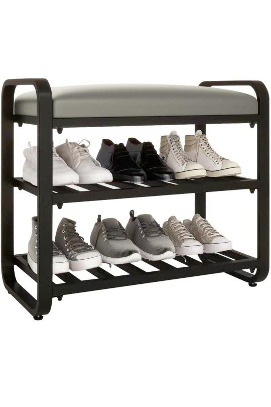Shoe Rack Bench for Entryway, 3 Tier Shoe Storage Bench with Cushion