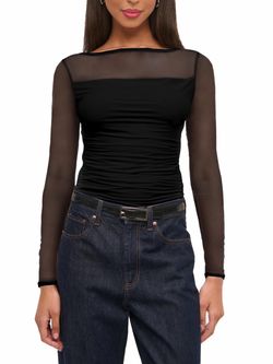 Black Mesh Long Sleeve Ruched Top Oumrdeo Mesh Top Size M Black Long Sleeve Boat Neck Blouse