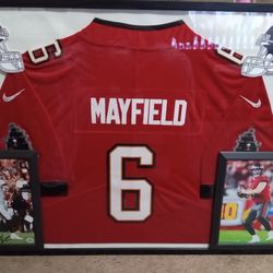 BAKER MAYFIELD OF THE TAMPA BAY BUCCAN, STITCHED, BRANDED, AUTHENTIC JERSEY, WITH SIGNED PHOTO, COA.