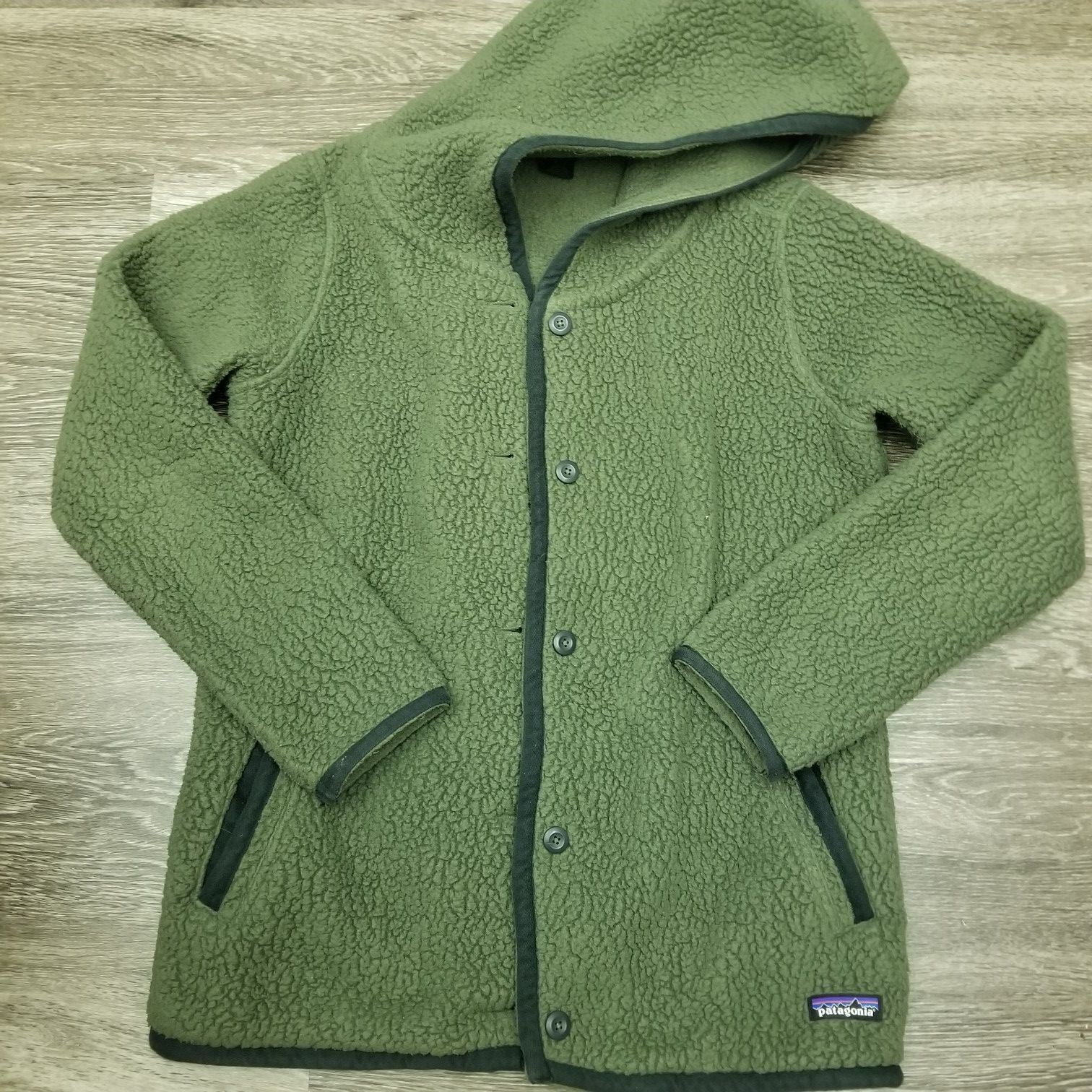 Patagonia Shearling Fleece Hooded Cardigan Forest Green Womens Medium