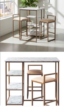 Carbone Modern Marble-Look Breakfast Dining Table Set with 2 Stools and Built-In Storage – Brass Base Finish