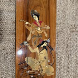 Vintage Persian-Style Wood Inlay Art Panel – Musician & Seated Woman – 23” x 13”