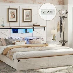 Sikaic LED farmhouse Wooden platform Bed Frame 