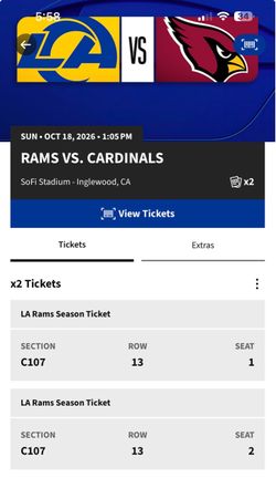 RAMS VS CARDINALS SUNDAY  10/18 Aisle Seats