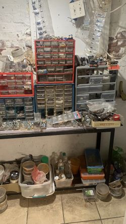 Hardware Organizer Drawers Full Of Nuts Washers Bolts Screws And Custom Made Steel Stand 