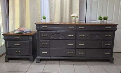 Refinished 8-Drawer Dresser + Nightstand Set — Charcoal & Walnut, Gold Hardware