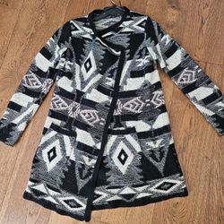 II SISTERS Black And Cream Long Open Cardigan Sweater Coat Sz M