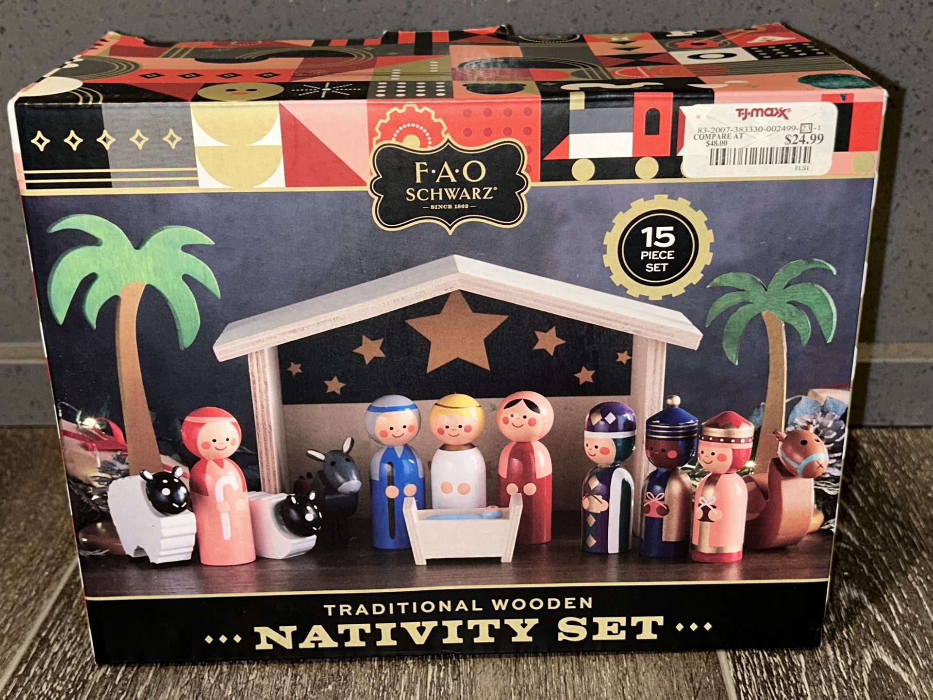 RARE FAO Schwarz NATIVITY SET Wooden 15 Pieces Traditional Christmas NEW NIB!