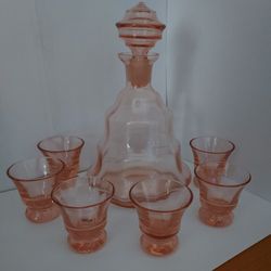 Vintage Pink Cordial Decanter and Glasses Set