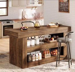 Brown Wood 55 in. Kitchen Island with Storage, Farmhouse 3-Tier Stationary Island Table - brand new