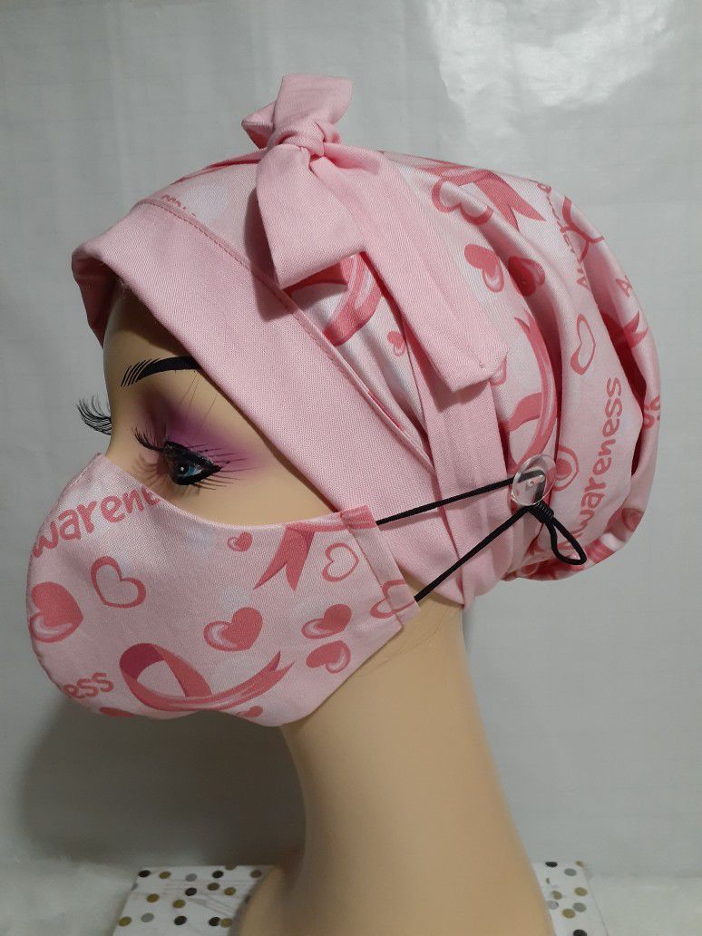 Pink Breast Cancer Awareness Surgical Scrub Cap Set Doctor Nurse Chemo Chef Medical Worker Cotton Bouffant 