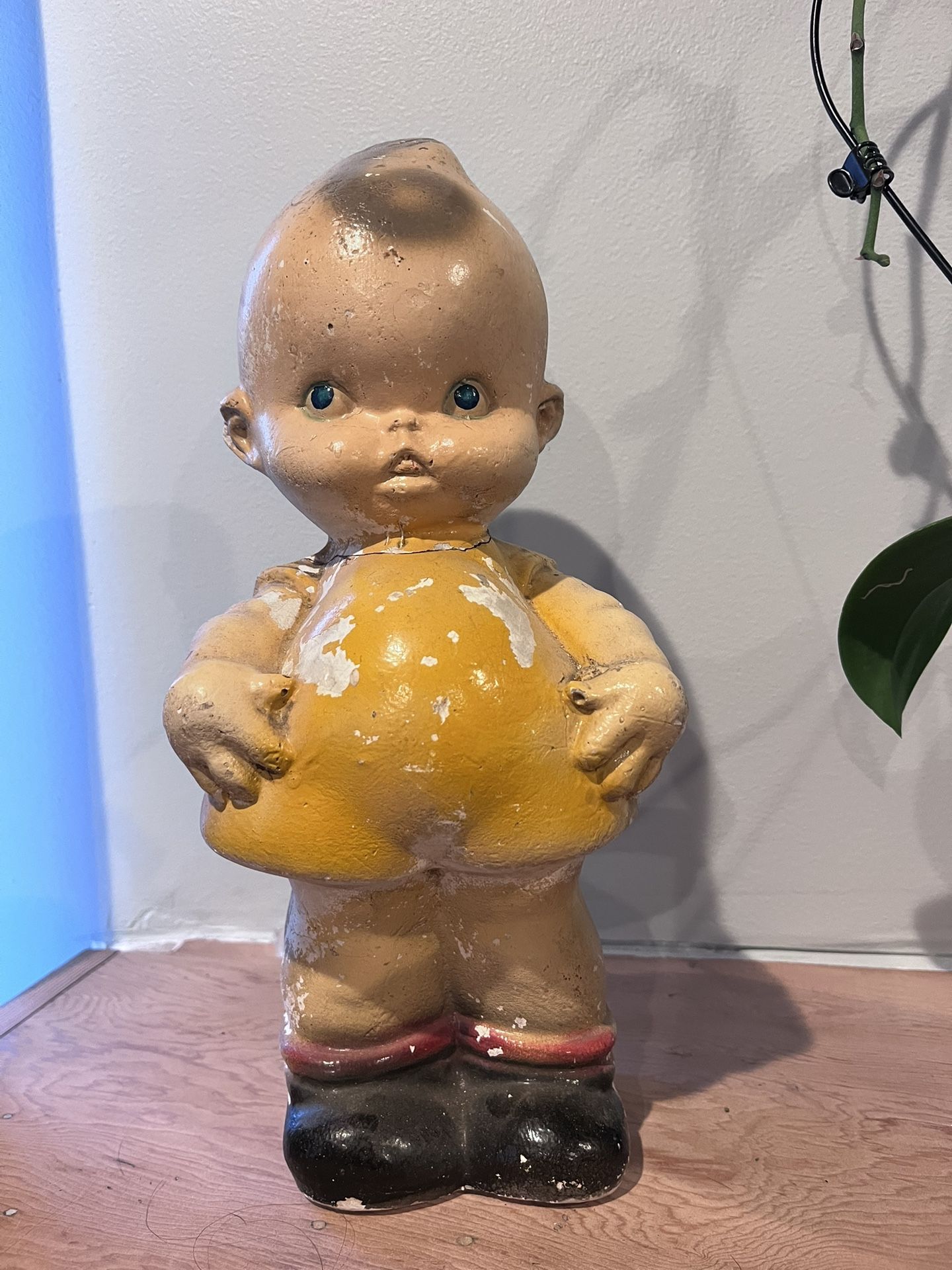 VTG Antique Kewpie Doll Baby Angel Chalkware 12” Yellow Statue Carnival Prize