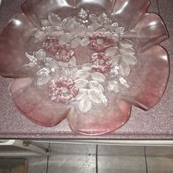 Vintage Mikasa Crystal Walther Germany Rosella Pink Frosted Flowers/Raised Flowers/Round Scalloped Edge/Serving Tray Vintage Pink Glass