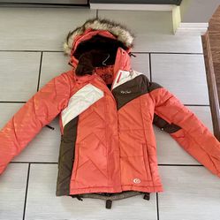 Women’s Coral Orange Rip curl Waterproof Warm Insulated Hooded Snowboarding Jacket Size Small