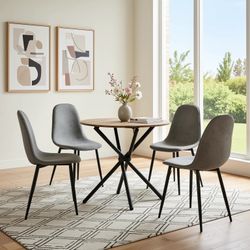 Homy Casa Fontana 5 Piece Dining Set 31.5" Walnut Round Table Set with 4 Grey Upholstered Dining Chairs for Dining Room Apartment Living