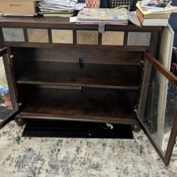 FREE Wooden Chest Cabinet sideboard with tile inserts and distressed Glass Doors