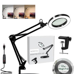 Magnifying Glass with Light and Stand, 10X Magnifying Lamp, 2-in-1 Magnifying Desk Lamp with Clamp, 3 Color Mode, Magnifying Glasses with Light for Cl
