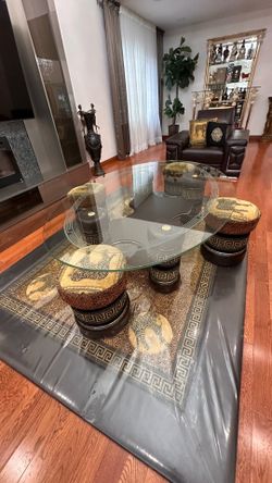 Luxury Designer Coffee Table Set — Glass Top & Matching Stools and flat rug