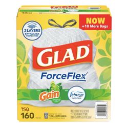 Glad ForceFlex 13-Gallon Kitchen Trash Bags, Gain Original Scent + Febreze, 160 ct.