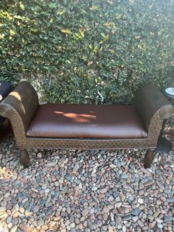 Ethan Allen Brown Wicker Bench with Leather Cushion
