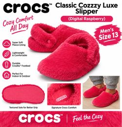 Crocs Classic Cozzzy Luxe Slipper Red Faux Fur Cozy Slides Size Men 13