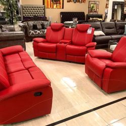 Pretty Red  Living Room Set <<<<<Sofa+Loveseat+Chair>>>> Power Recline/with charging Stations And Cup Holders