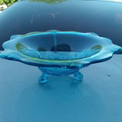 Antique Glass Footed Bowl BLUE - Vintage Glassware Plate  
