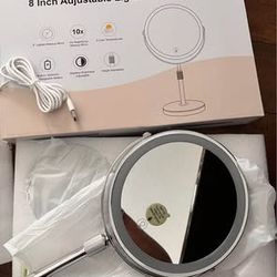 Makeup Mirror with Lights, Height & Brightness Adjustable with 10x Magnification, 8" Rechargeable Double Sided Vanity with 3 Colors Lights  Brand New 
