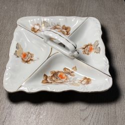 Mitterteich Bavaria China Segmented Nut Dish With Handle Norway Rose Pattern