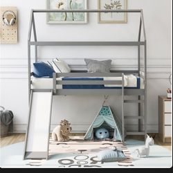 Twin Loft Bed with Slide, House Bed with Slide,Gray 

