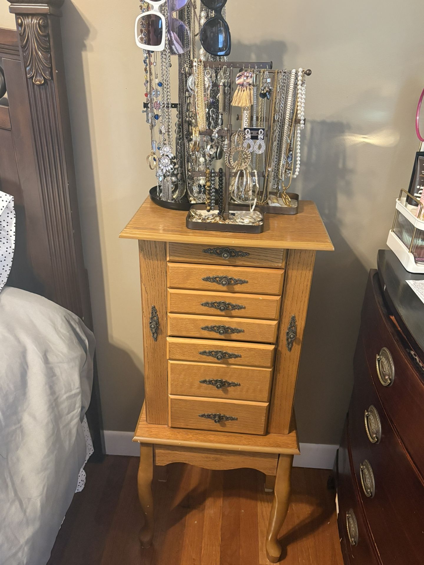 Solid Wood Jewelry Armoire with Mirror and Red Velvet Interior