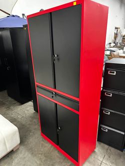 Metal Garage Storage Cabinet with Drawer,4 Door Tool Cabinet with Adjustable Shelves for Garage Home Office Utility Room (Red)