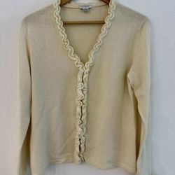 Investments Women's 100% Fine Cashmere Cardigan Open Front Ruffle Beige M