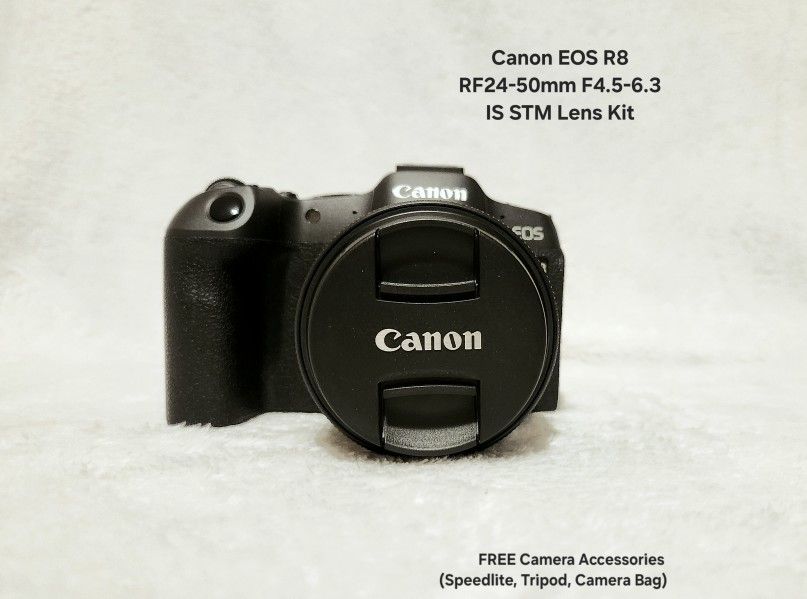Canon EOS R8 Camera RF24-50mm F4.5-6.3 IS STM Lens Kit + FREE Camera Accessories (Speedlite, Tripod, Camera Bag)