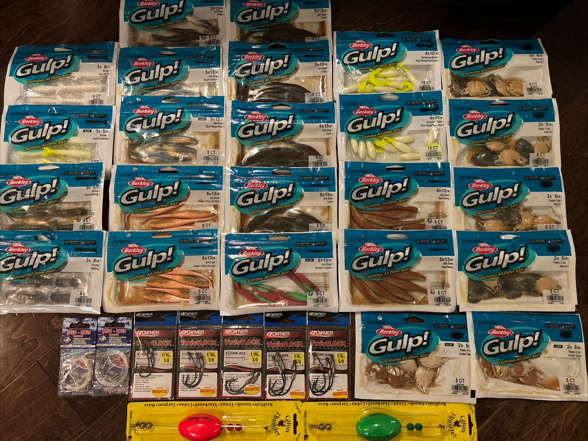 Gulp Jerk Shad, Shrimp, Peeler Crab, Mullet Lot W/ Owner TLs & Leader Rigs, Etc