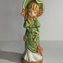 Vintage Ceramic Girl in Bonnet Statue Figurine Dress Umbrella 12"" Green, White,Pink"