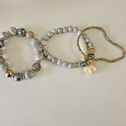 Set of three various elastic bracelets, different sizes/shapes/ colors,6.5".EUC.