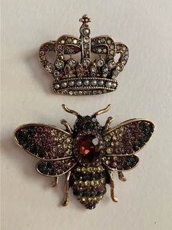 Crown & Bumble Bee Pin Brooch Set - Rhinestone Jewelry - Royal Honey