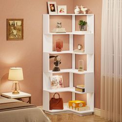 6-Tier Corner Bookshelf, 64.9 Inches Tall Corner Book Shelf with Anti-Drop Panel, Modern Bookcase with Storage, Wood Display Shelving Unit for Home Of