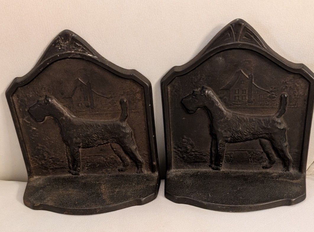 PAIR WIRE-HAIRED TERRIER CAST IRON BRASS FINISH BOOKENDS - MARKED CONNECTICUT FOUNDRY 1929