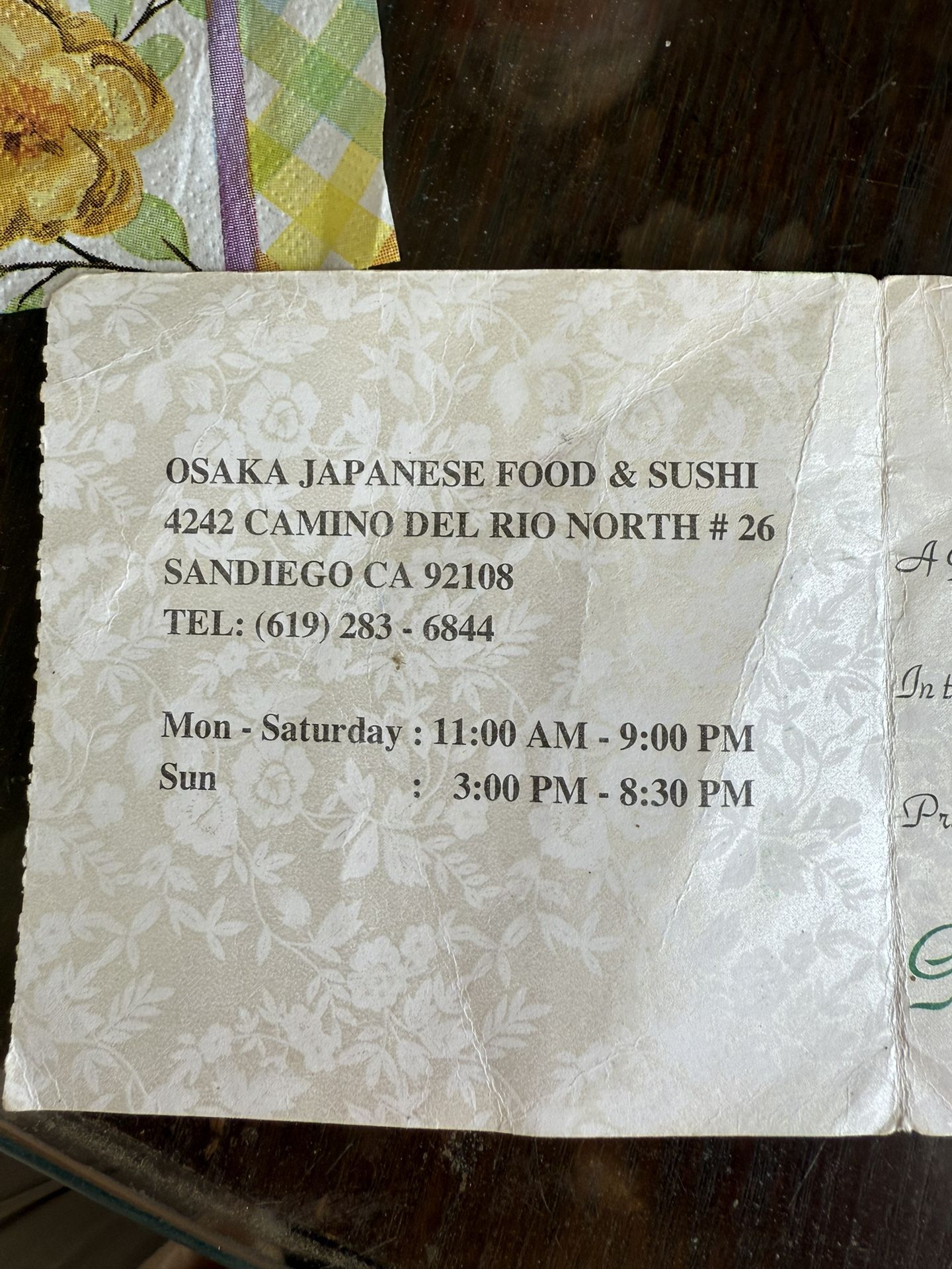 Gift certificate for $50 FOR OSAKA JAPANESE FOOD 4242 Camino Del Rio North #26  San Diego Ca 92108