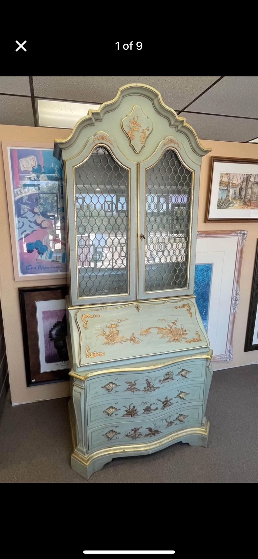 Karges Green & Gold French Provincial Locking Desk/Hutch 90”x39”x22” w/ Interior Lighting & Keys