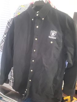 LEE SPORTS, RAIDERS-LARGE BLACK LONG SLEEVE 100% COTTON  DENIM TYPE FABRIC (VINTAGE) 90'S MADE SHIRT (CLASSIC)