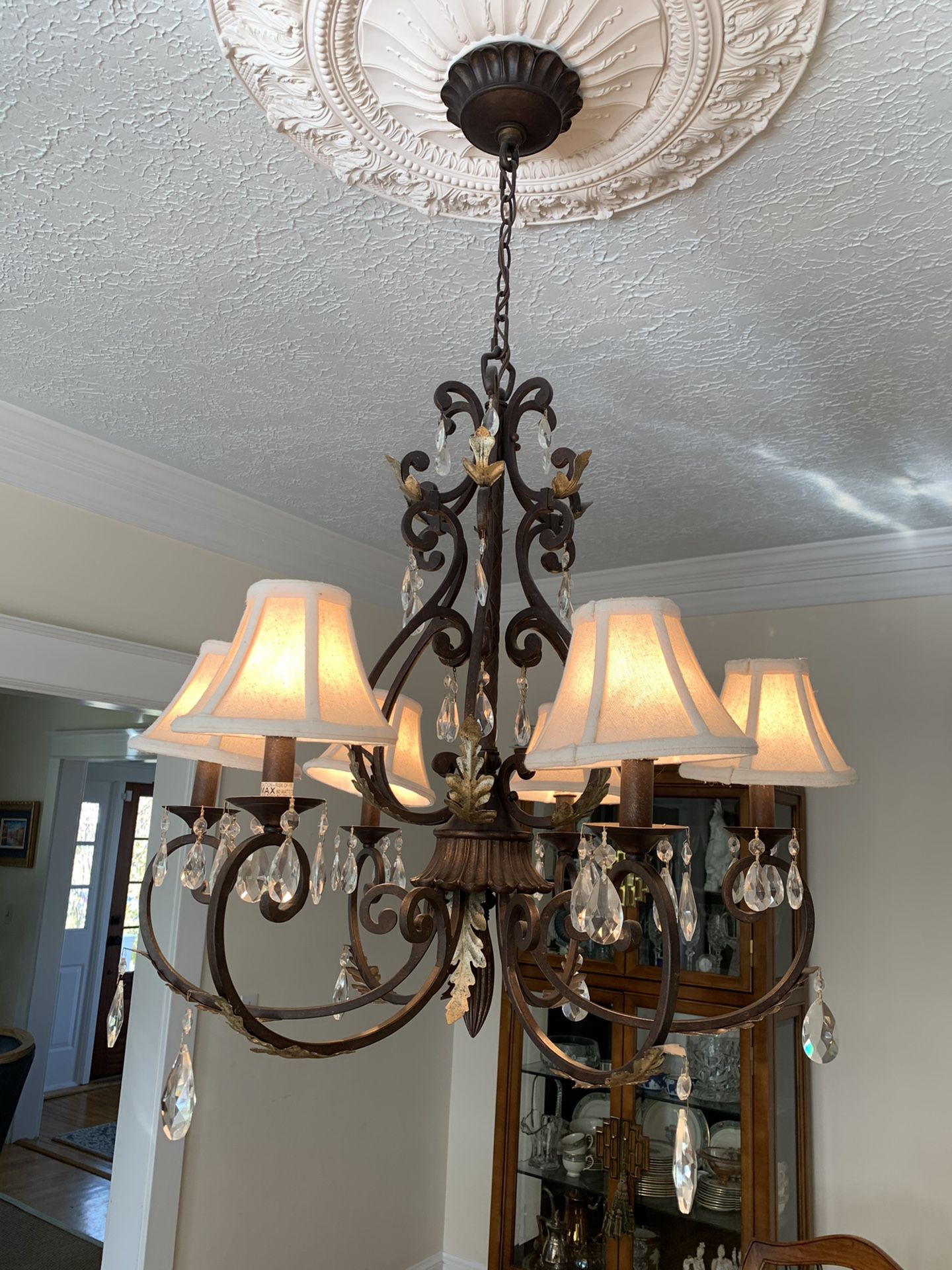 6 light iron and crystal chandelier